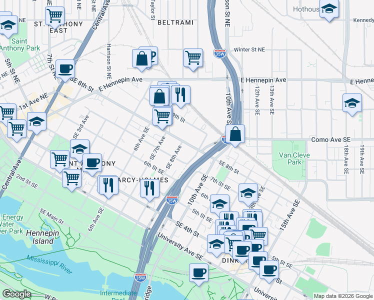 map of restaurants, bars, coffee shops, grocery stores, and more near 711 Southeast 9th Avenue in Minneapolis