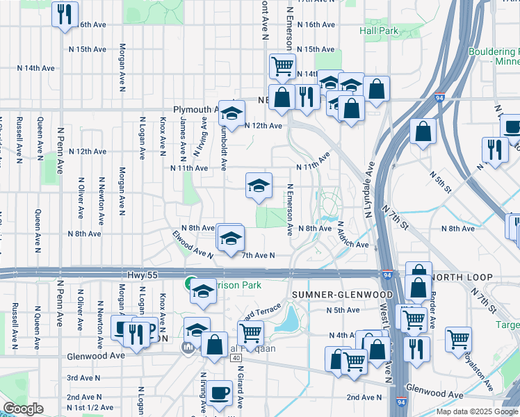 map of restaurants, bars, coffee shops, grocery stores, and more near 919 Emerson Avenue North in Minneapolis