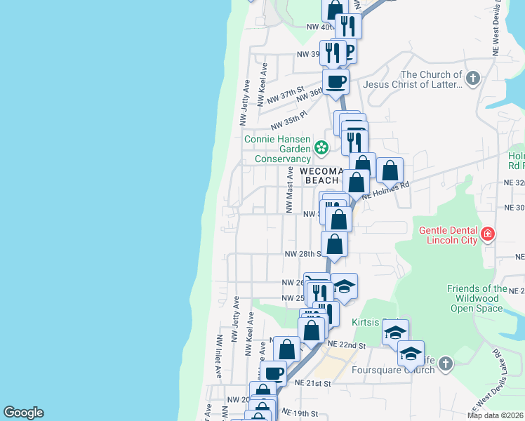 map of restaurants, bars, coffee shops, grocery stores, and more near 2972 Northwest Lee Avenue in Lincoln City