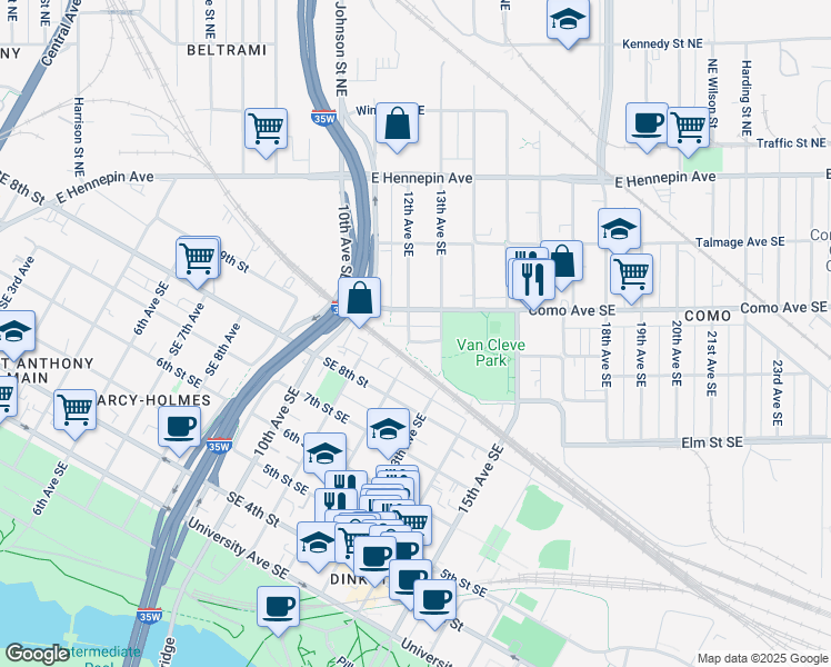 map of restaurants, bars, coffee shops, grocery stores, and more near 1201 Southeast Brook Avenue in Minneapolis