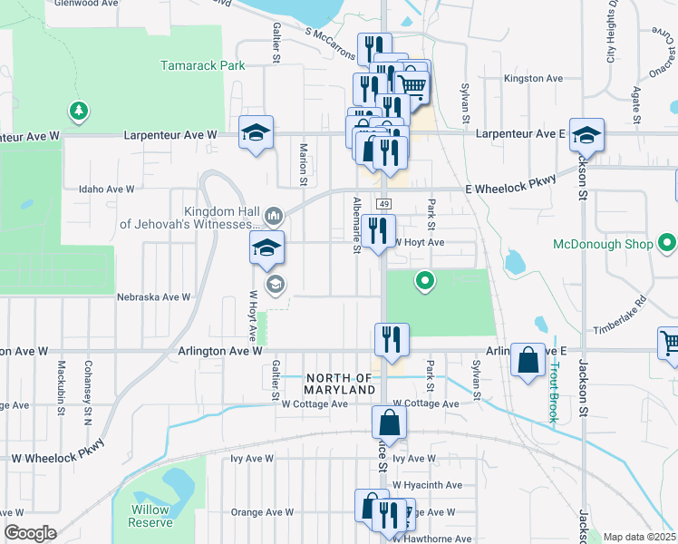 map of restaurants, bars, coffee shops, grocery stores, and more near 1524 North Woodbridge Street in Saint Paul