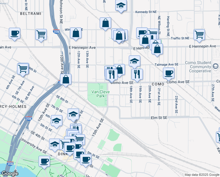 map of restaurants, bars, coffee shops, grocery stores, and more near 982 15th Avenue Southeast in Minneapolis