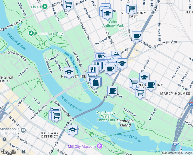 map of restaurants, bars, coffee shops, grocery stores, and more near 10 2nd Street Southeast in Minneapolis