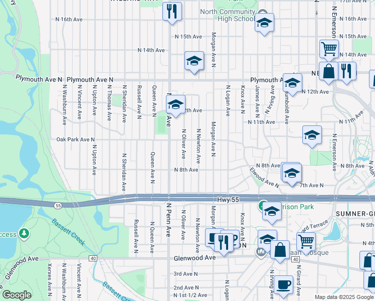 map of restaurants, bars, coffee shops, grocery stores, and more near 1001 North Newton Avenue in Minneapolis