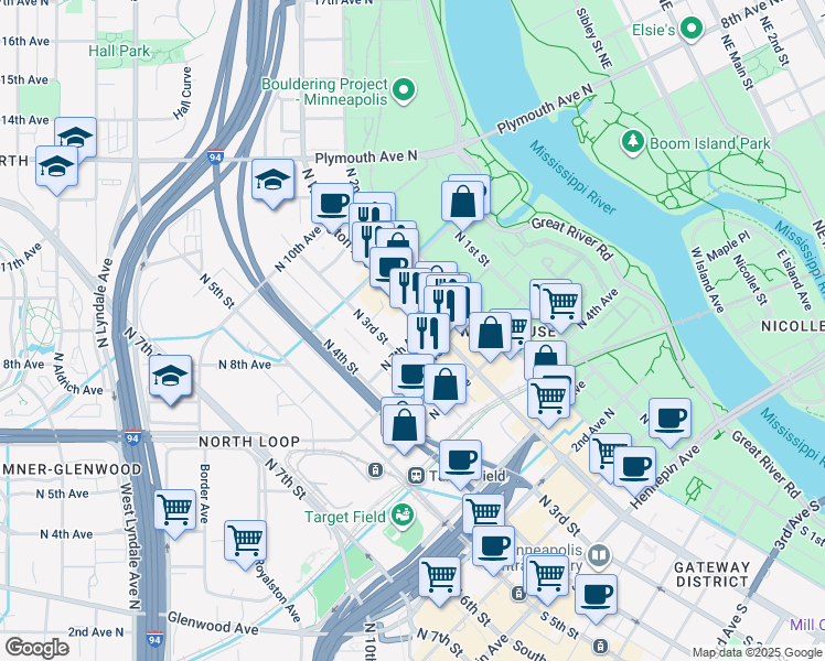 map of restaurants, bars, coffee shops, grocery stores, and more near 701 North Washington Avenue in Minneapolis