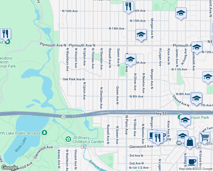 map of restaurants, bars, coffee shops, grocery stores, and more near 1002 North Sheridan Avenue in Minneapolis