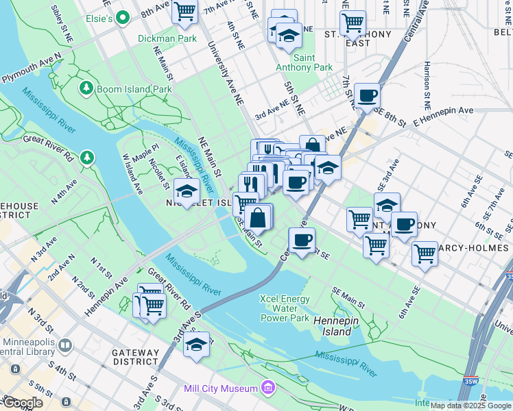 map of restaurants, bars, coffee shops, grocery stores, and more near 51 2nd Street Southeast in Minneapolis