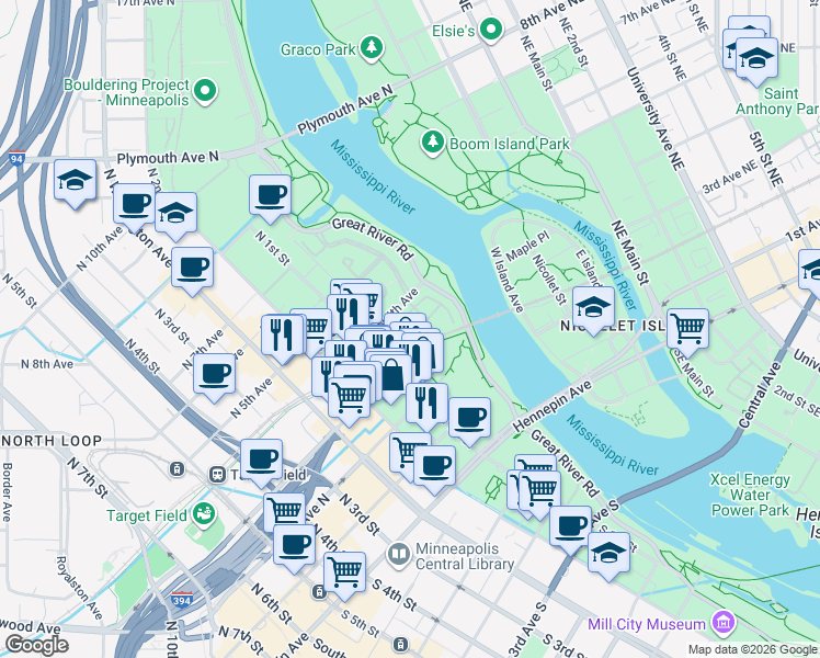 map of restaurants, bars, coffee shops, grocery stores, and more near 37 North 4th Avenue in Minneapolis