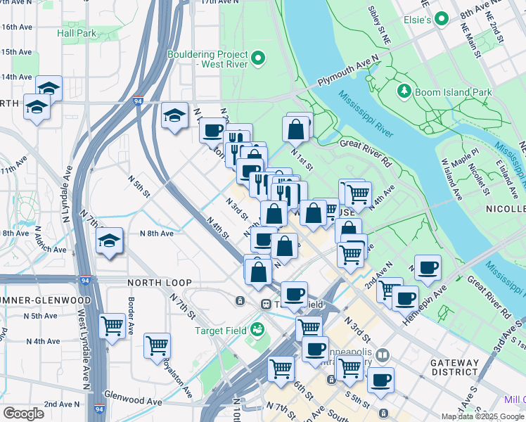 map of restaurants, bars, coffee shops, grocery stores, and more near 701 North Washington Avenue in Minneapolis