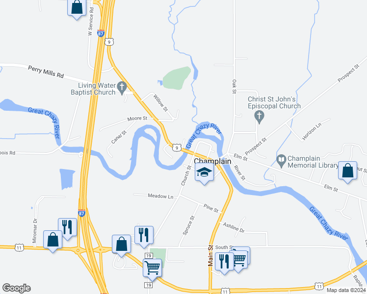 map of restaurants, bars, coffee shops, grocery stores, and more near 4 Mill Street in Champlain