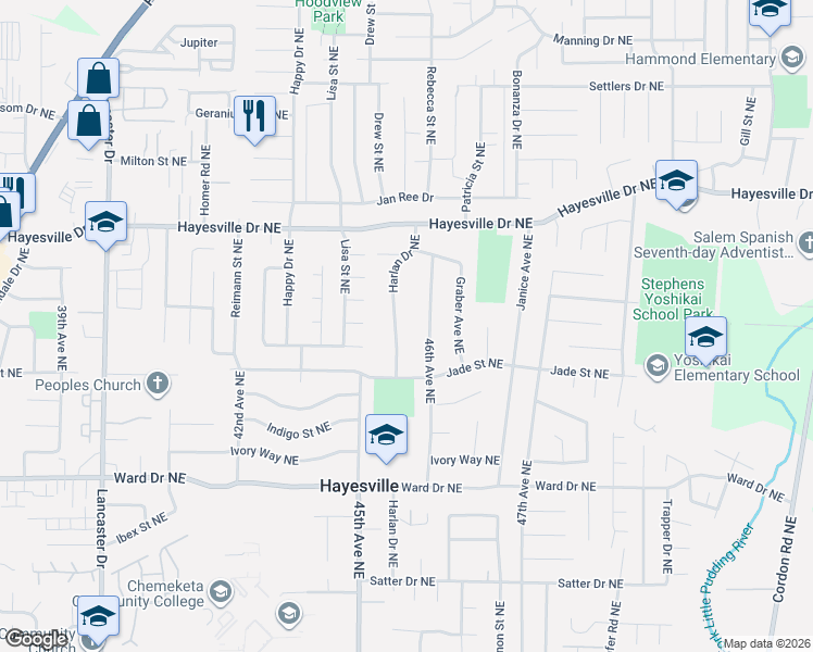map of restaurants, bars, coffee shops, grocery stores, and more near 4612 Harlan Drive Northeast in Salem