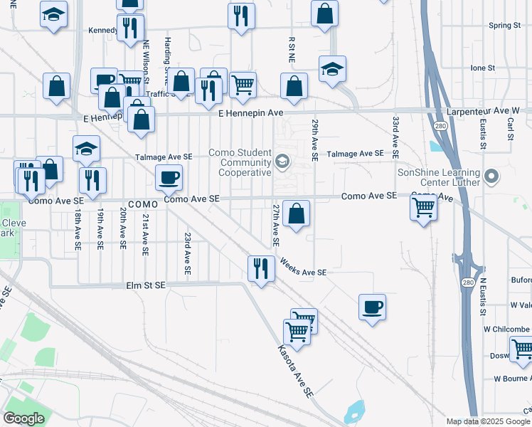 map of restaurants, bars, coffee shops, grocery stores, and more near 2608 Como Avenue Southeast in Minneapolis