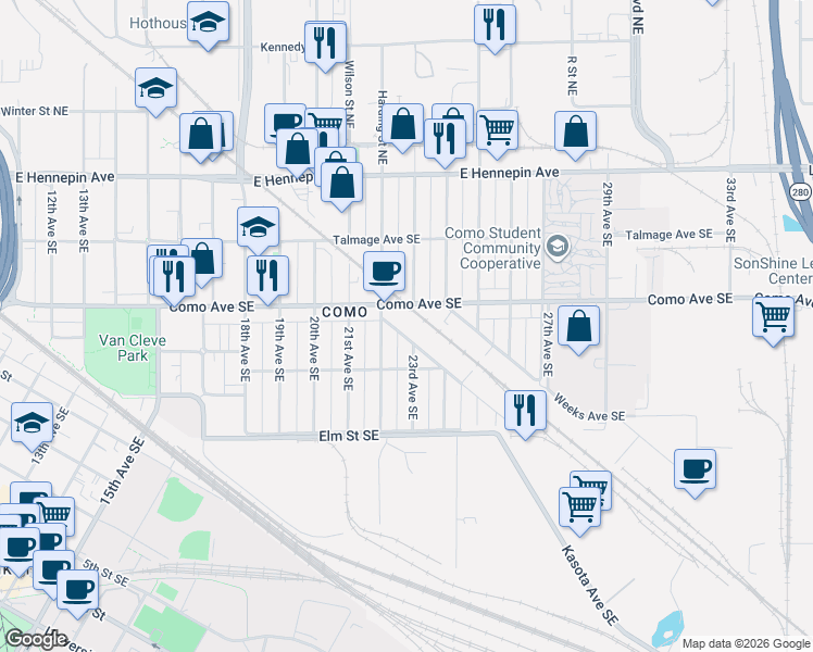 map of restaurants, bars, coffee shops, grocery stores, and more near 1005 23rd Avenue Southeast in Minneapolis