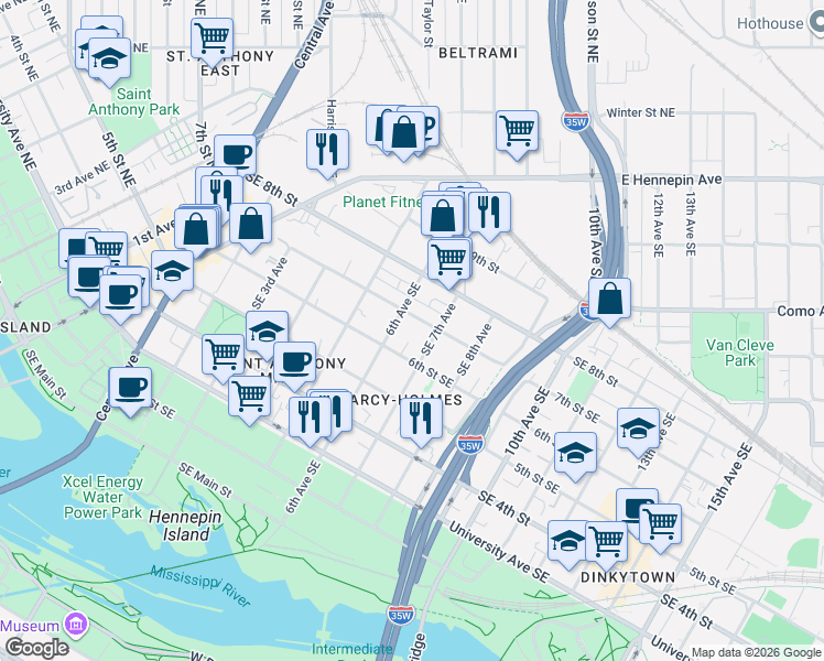 map of restaurants, bars, coffee shops, grocery stores, and more near 527 Southeast 7th Street in Minneapolis