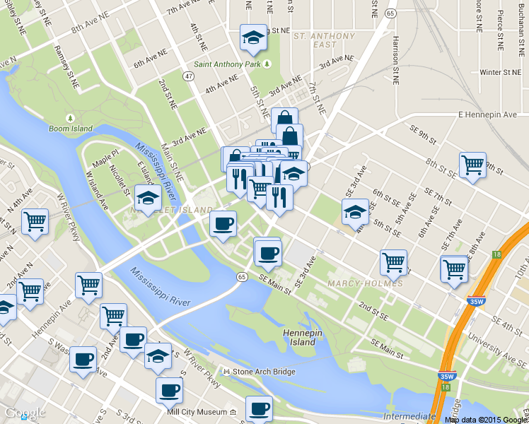 map of restaurants, bars, coffee shops, grocery stores, and more near 322 East Hennepin Avenue in Minneapolis