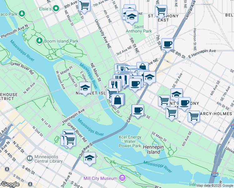 map of restaurants, bars, coffee shops, grocery stores, and more near 51 2nd Street Southeast in Minneapolis