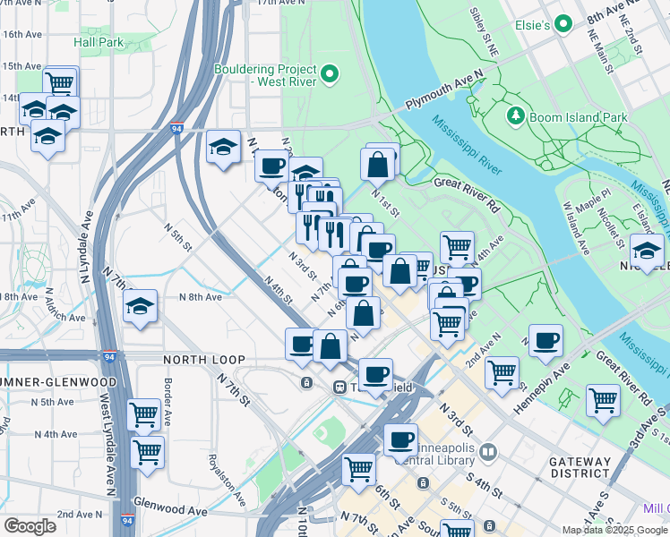 map of restaurants, bars, coffee shops, grocery stores, and more near 729 North Washington Avenue in Minneapolis