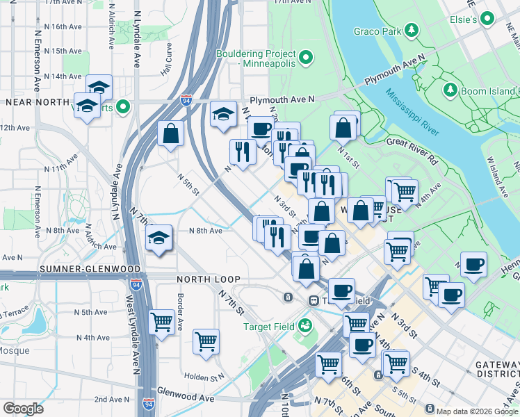 map of restaurants, bars, coffee shops, grocery stores, and more near 901 North 3rd Street in Minneapolis