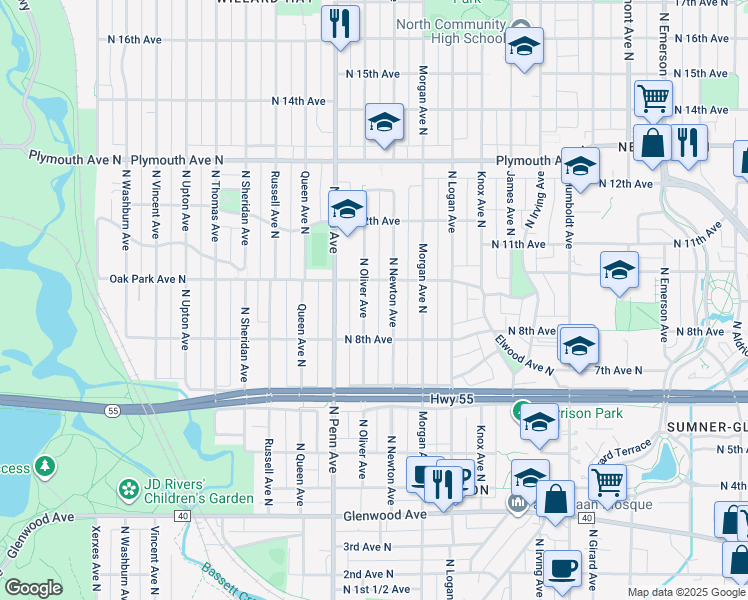 map of restaurants, bars, coffee shops, grocery stores, and more near 1001 North Newton Avenue in Minneapolis