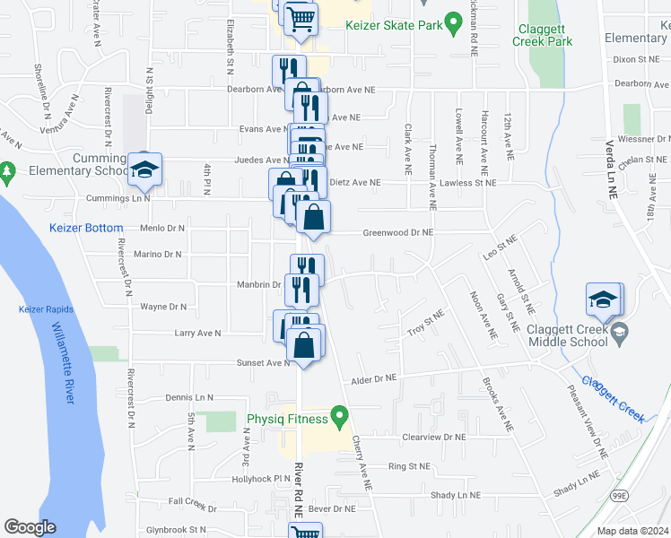 map of restaurants, bars, coffee shops, grocery stores, and more near 619 Manbrin Drive Northeast in Keizer