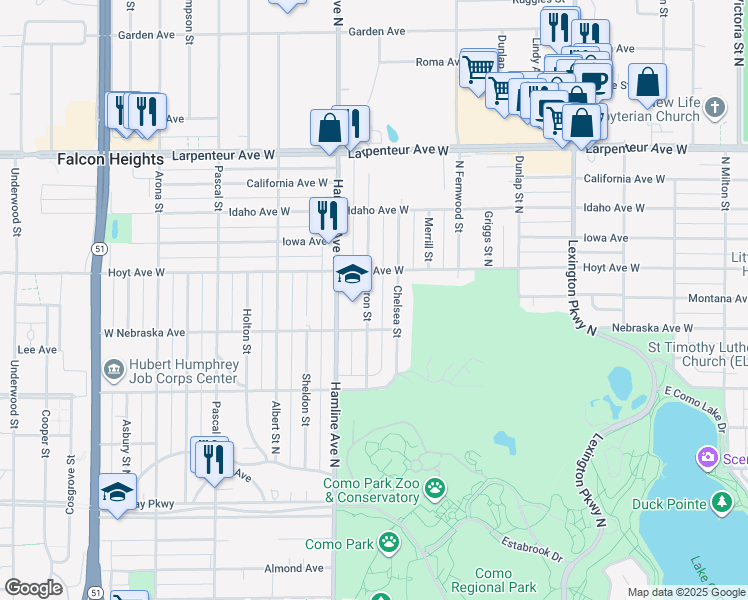 map of restaurants, bars, coffee shops, grocery stores, and more near 1555 Chelsea Street North in Saint Paul