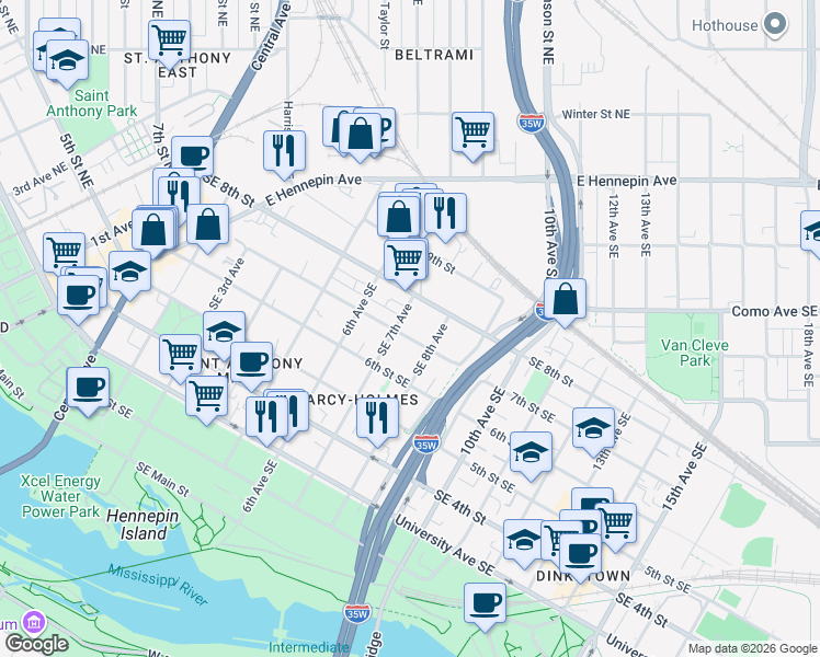 map of restaurants, bars, coffee shops, grocery stores, and more near 713 Southeast 7th Avenue in Minneapolis