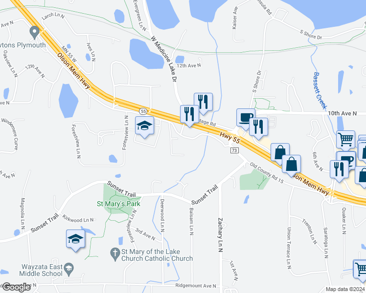 map of restaurants, bars, coffee shops, grocery stores, and more near 11305 Highway 55 in Plymouth