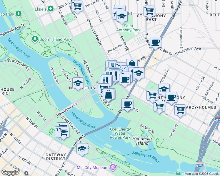 map of restaurants, bars, coffee shops, grocery stores, and more near 10 2nd Street Southeast in Minneapolis