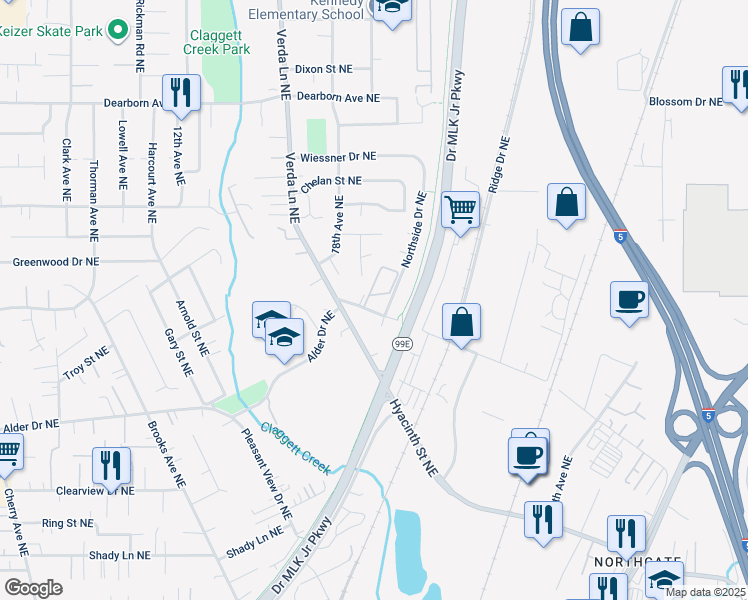 map of restaurants, bars, coffee shops, grocery stores, and more near 1841 Claxter Road Northeast in Keizer