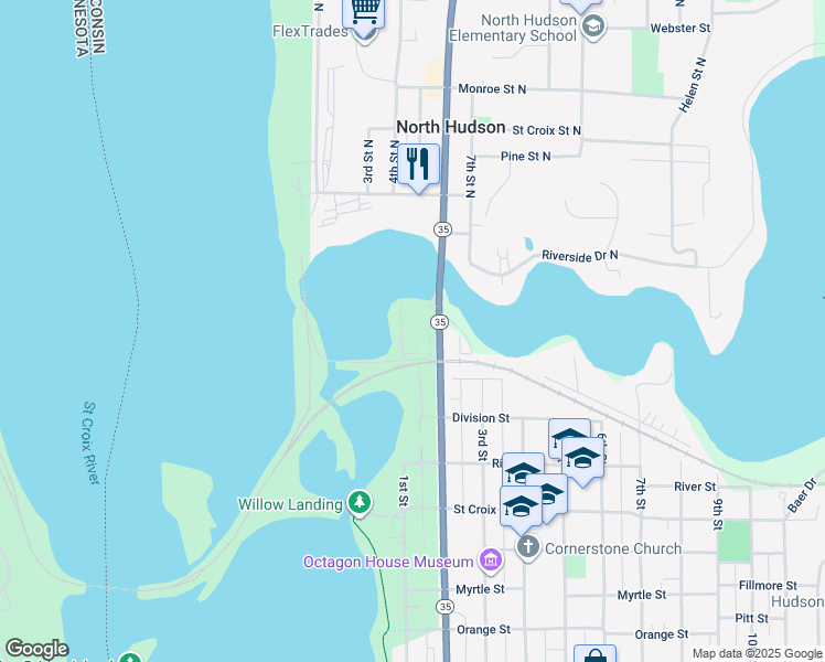 map of restaurants, bars, coffee shops, grocery stores, and more near 112 North Street in Hudson