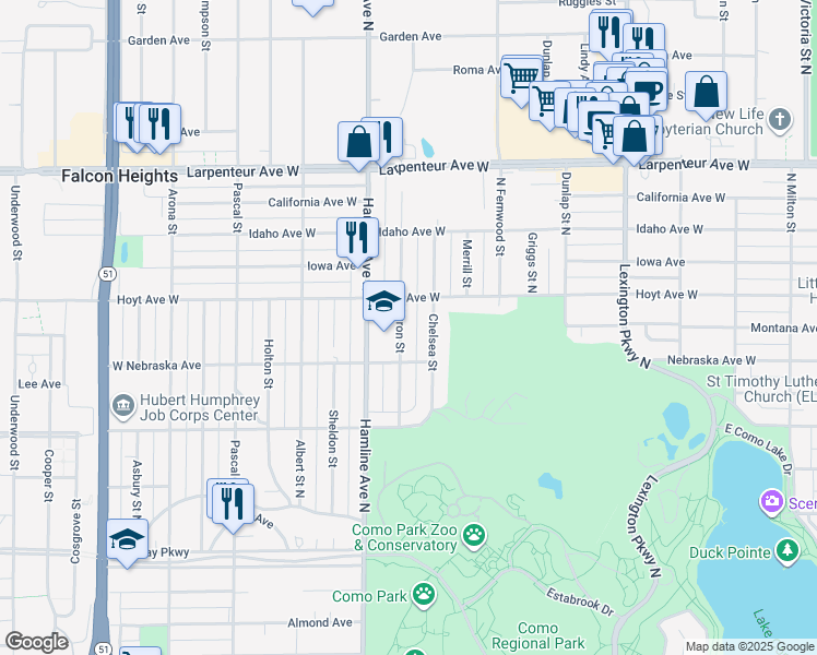map of restaurants, bars, coffee shops, grocery stores, and more near 1555 Chelsea Street North in Saint Paul