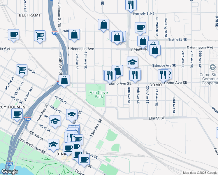 map of restaurants, bars, coffee shops, grocery stores, and more near 1523 Como Avenue Southeast in Minneapolis