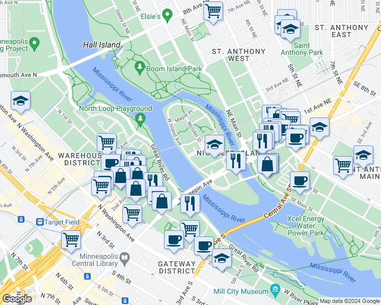 map of restaurants, bars, coffee shops, grocery stores, and more near 20 Grove Street in Minneapolis