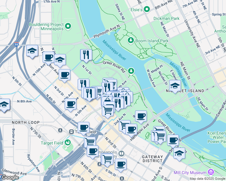 map of restaurants, bars, coffee shops, grocery stores, and more near 408 North 1st Street in Minneapolis