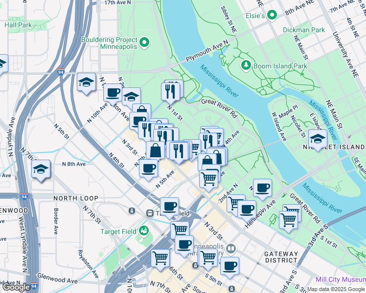 map of restaurants, bars, coffee shops, grocery stores, and more near 600 North 2nd Avenue in Minneapolis