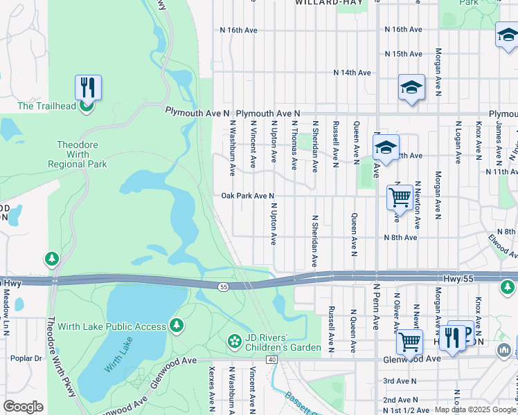map of restaurants, bars, coffee shops, grocery stores, and more near 1001 North Upton Avenue in Minneapolis