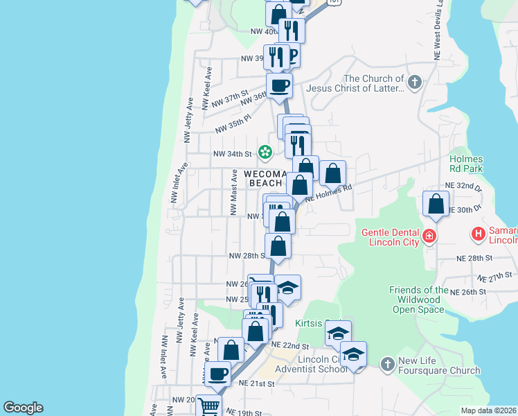 map of restaurants, bars, coffee shops, grocery stores, and more near 3034 Northwest Oar Drive in Lincoln City