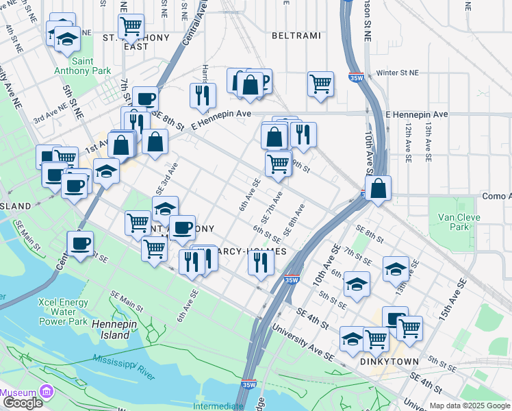 map of restaurants, bars, coffee shops, grocery stores, and more near 527 Southeast 7th Street in Minneapolis