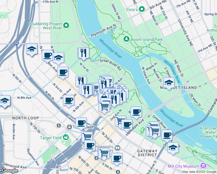 map of restaurants, bars, coffee shops, grocery stores, and more near 408 North 1st Street in Minneapolis