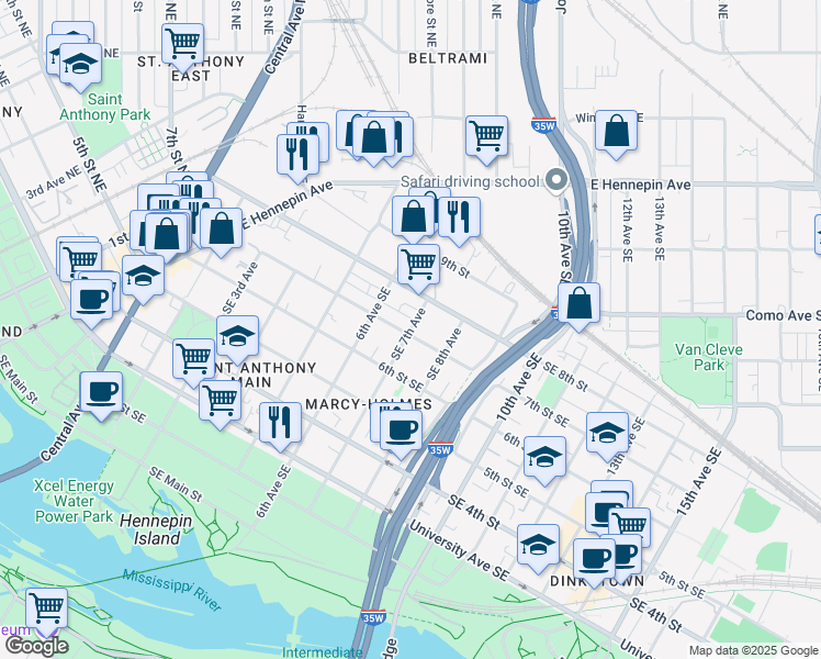 map of restaurants, bars, coffee shops, grocery stores, and more near 713 Southeast 7th Avenue in Minneapolis
