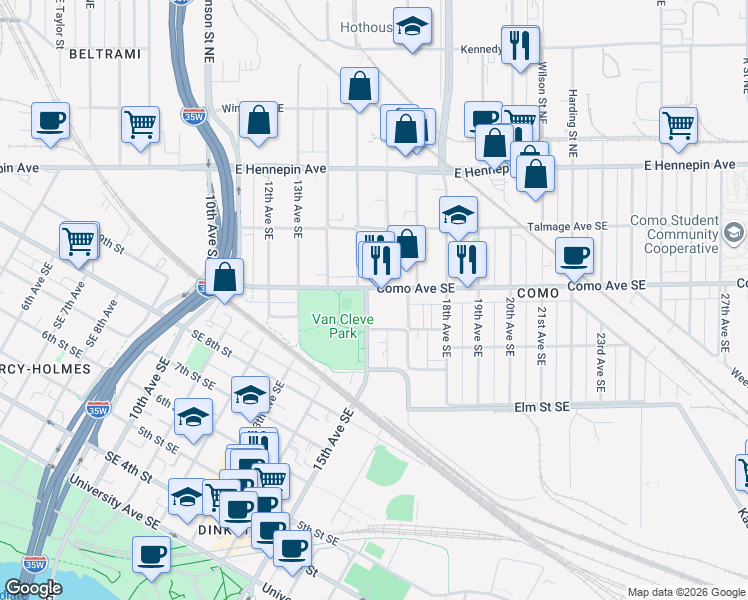 map of restaurants, bars, coffee shops, grocery stores, and more near 986 15th Avenue Southeast in Minneapolis