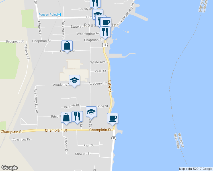 map of restaurants, bars, coffee shops, grocery stores, and more near 168 Lake Street in Rouses Point
