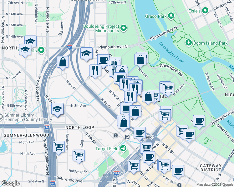 map of restaurants, bars, coffee shops, grocery stores, and more near 728 North 3rd Street in Minneapolis