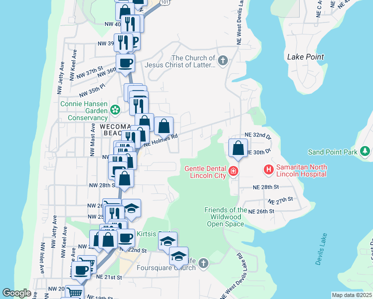 map of restaurants, bars, coffee shops, grocery stores, and more near 2530 Northeast 31st Street in Lincoln City