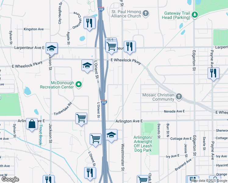 map of restaurants, bars, coffee shops, grocery stores, and more near 313 Hoyt Avenue East in Saint Paul