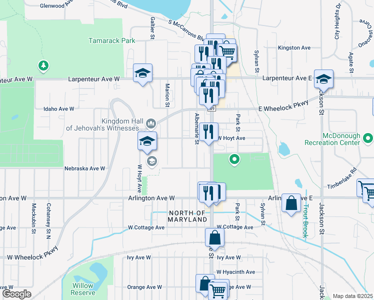 map of restaurants, bars, coffee shops, grocery stores, and more near 1552 North Woodbridge Street in Saint Paul