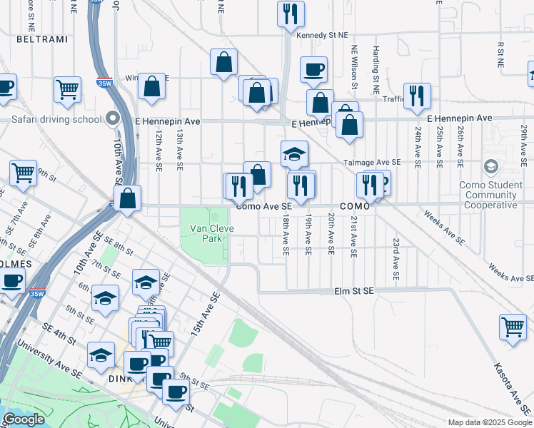 map of restaurants, bars, coffee shops, grocery stores, and more near 1703 Como Avenue Southeast in Minneapolis