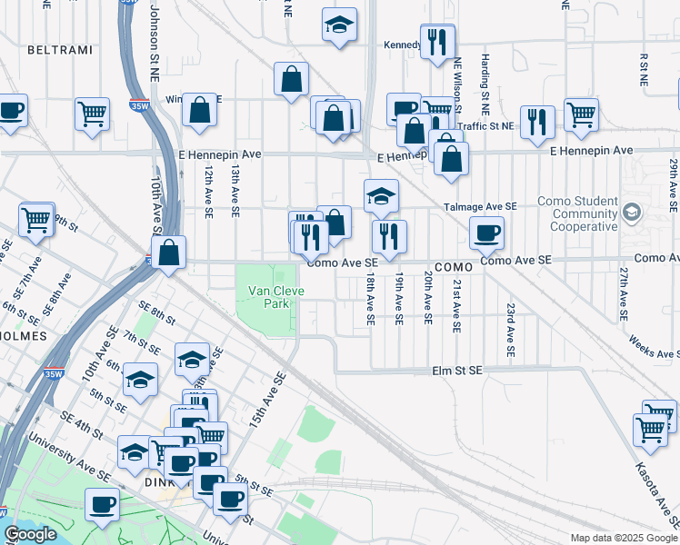 map of restaurants, bars, coffee shops, grocery stores, and more near 1703 Como Avenue Southeast in Minneapolis