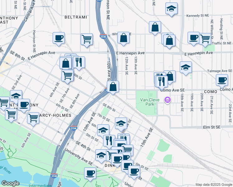 map of restaurants, bars, coffee shops, grocery stores, and more near 1100c Como Avenue Southeast in Minneapolis
