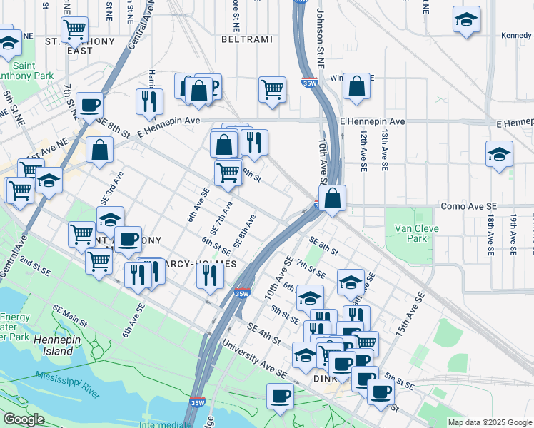 map of restaurants, bars, coffee shops, grocery stores, and more near 817 Southeast 9th Street in Minneapolis
